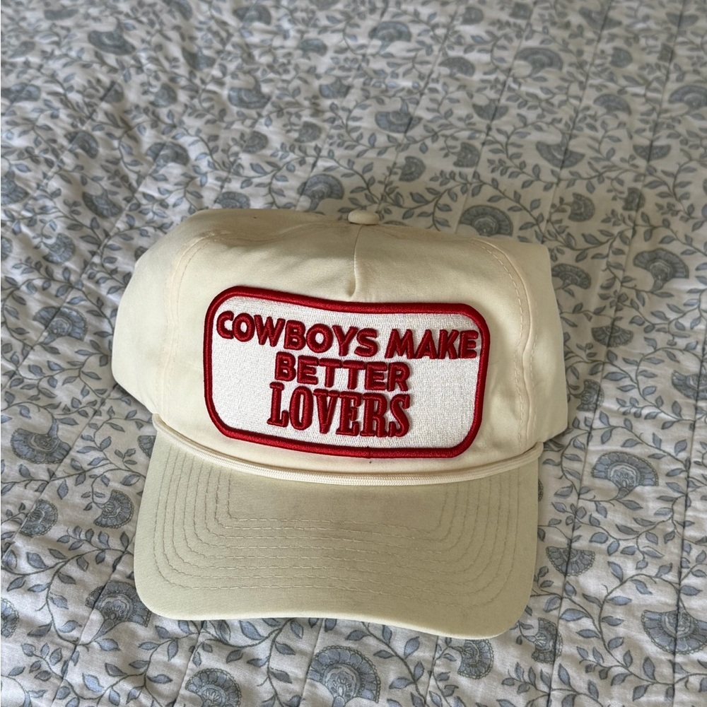 Cream Trucker Hat with Red Patch - "Cowboys Make Better Lovers"